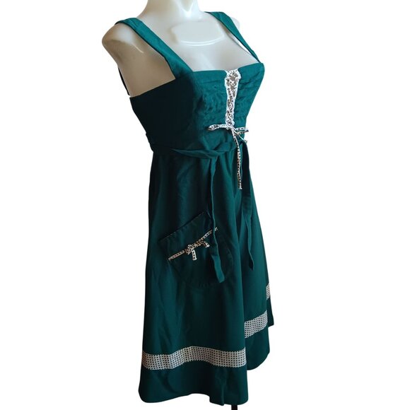 Vintage 1970's Sz 9 Green Peasant Boho German Barmaid Dress Lace-Up Bodice - Picture 2 of 13
